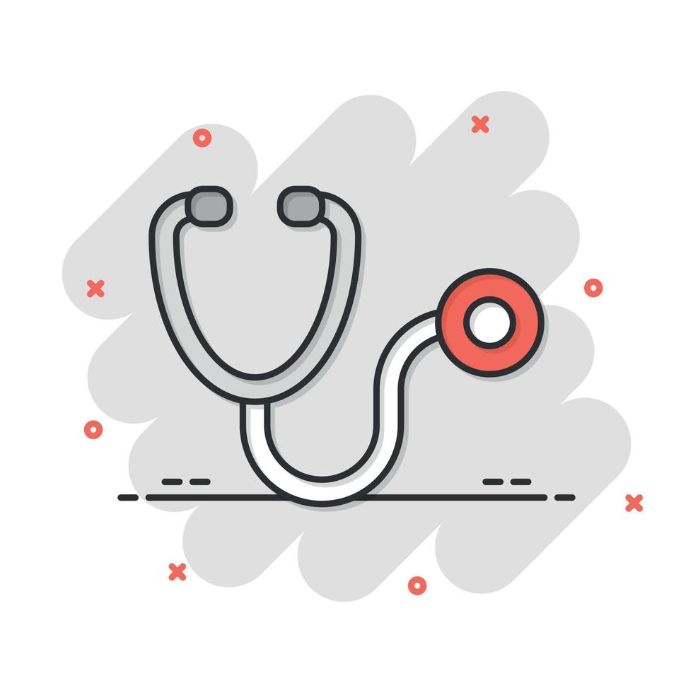 Stethoscope icon in comic style. Heart diagnostic cartoon vector illustration on isolated background. Medicine splash effect sign business concept.