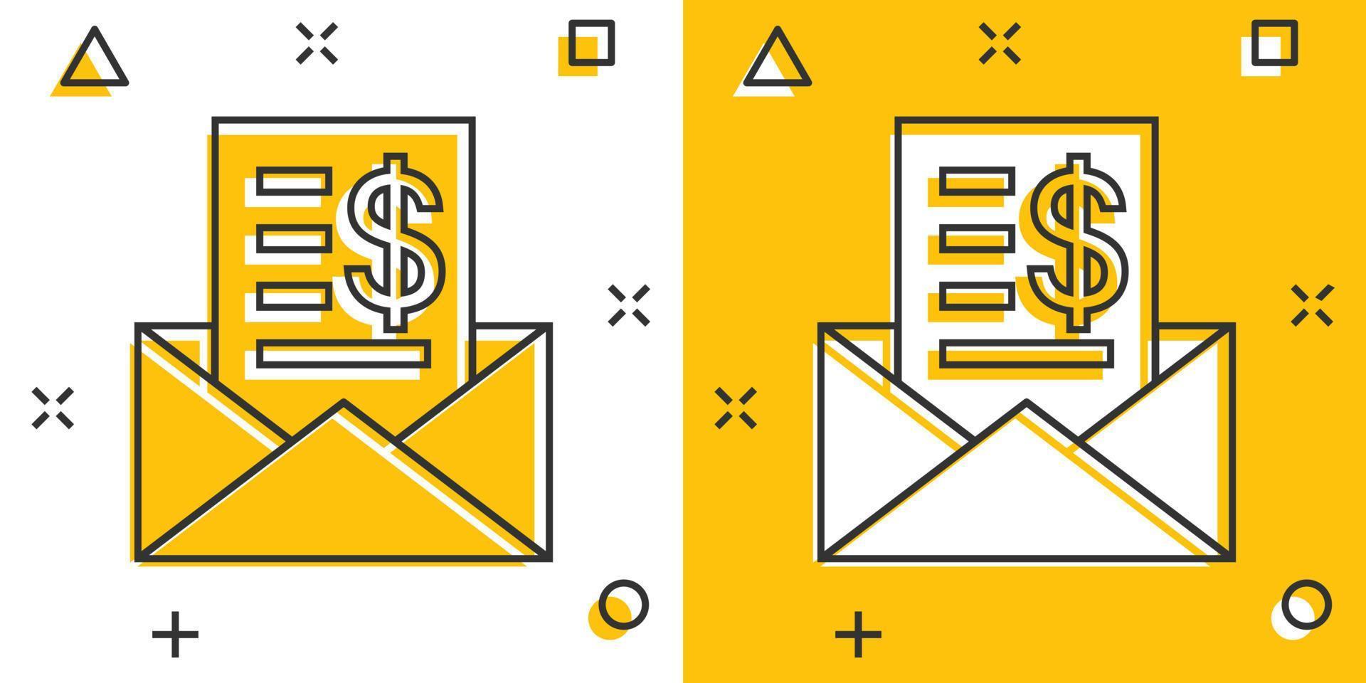 Envelope with money icon in comic style. E-mail cash cartoon vector illustration on white isolated background. Finance message splash effect business concept.