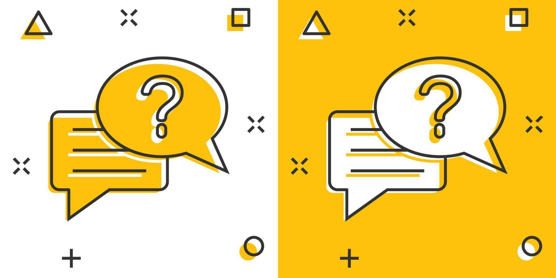 Question mark icon in comic style. Discussion speech bubble cartoon vector illustration on white isolated background. Faq splash effect business concept.