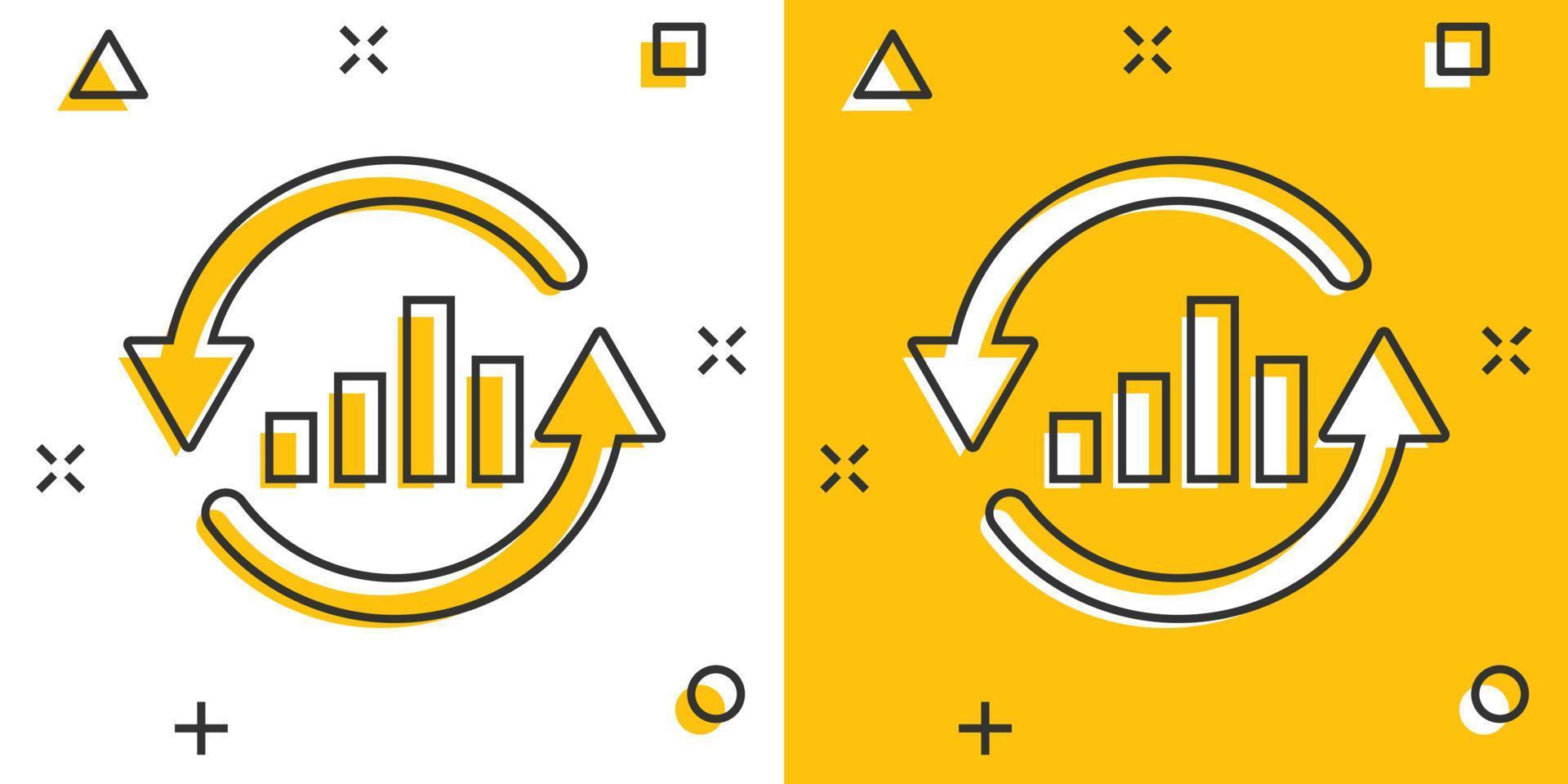 creciente icono de gráfico de barras en estilo cómico. aumentar la ilustración de vector de dibujos animados de flecha sobre fondo blanco aislado. concepto de negocio de efecto de salpicadura de progreso infográfico.