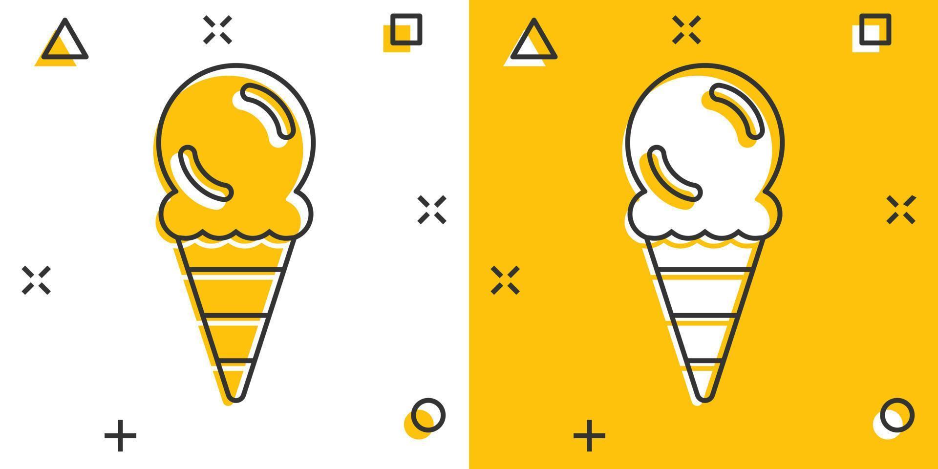 icono de helado en estilo cómico. ilustración de vector de dibujos animados de sundae sobre fondo blanco aislado. concepto de negocio de efecto de salpicadura de postre de sorbete.