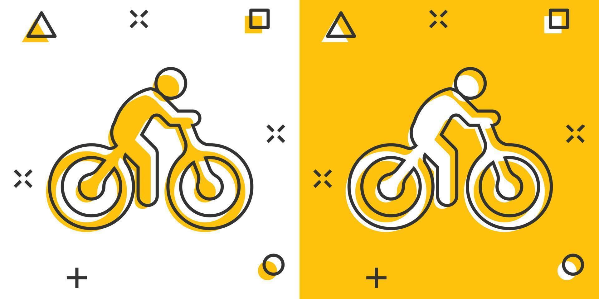 icono de bicicleta en estilo cómico. Bicicleta con ilustración de vector de dibujos animados de personas sobre fondo blanco aislado. concepto de negocio de efecto de salpicadura de jinete.