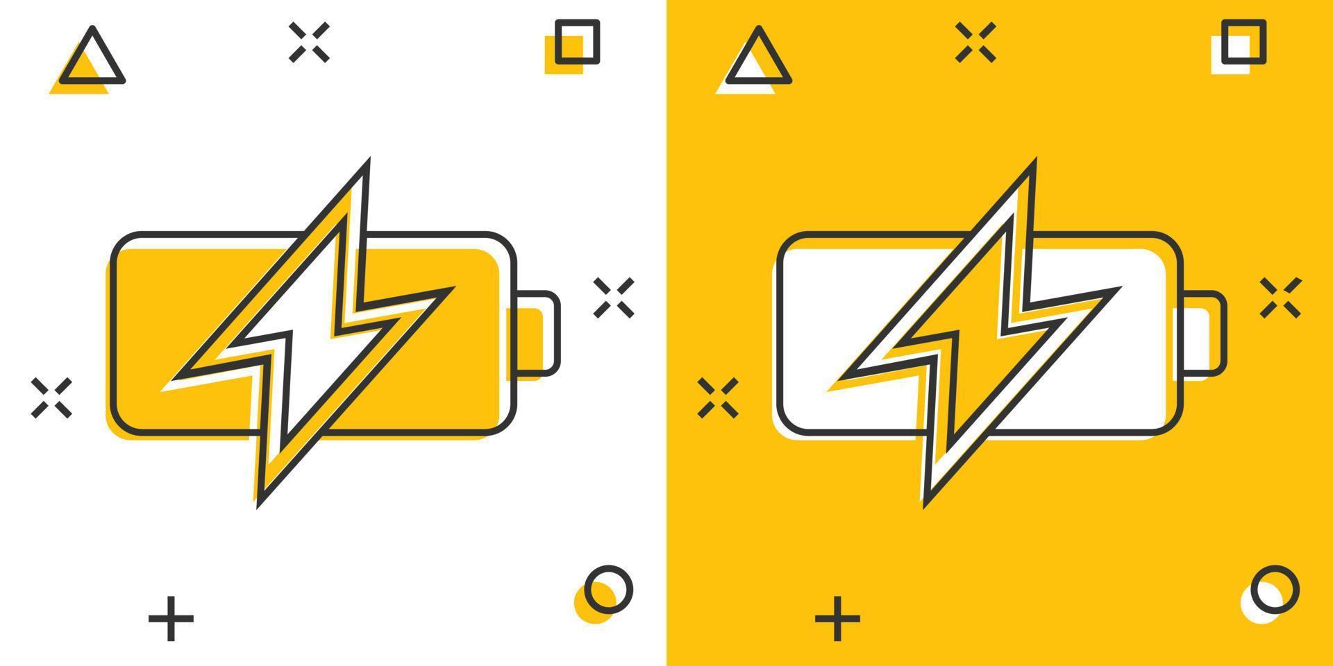 Battery icon in comic style. Accumulator cartoon vector illustration on white isolated background. Energy charger splash effect business concept.