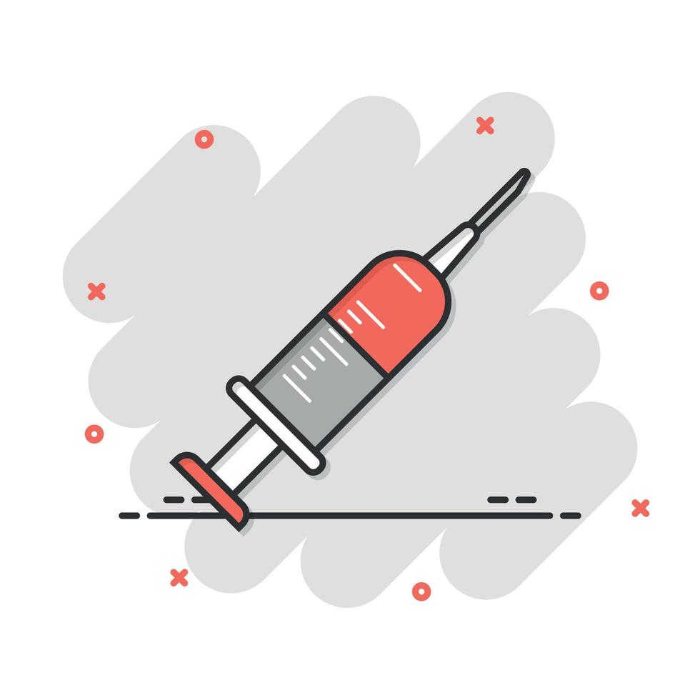 Syringe icon in comic style. Coronavirus vaccine inject cartoon vector illustration on isolated background. Covid-19 vaccination splash effect sign business concept.