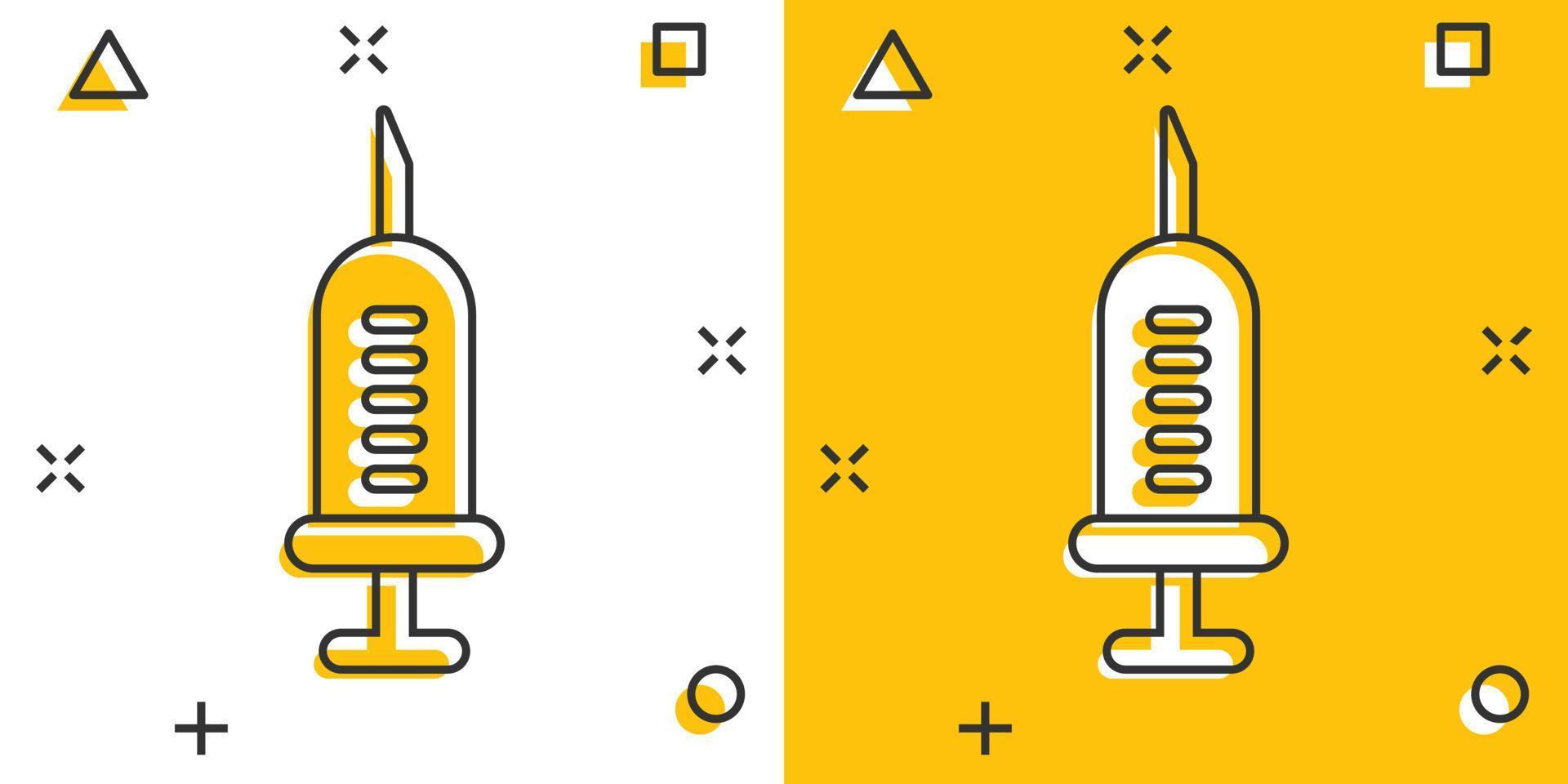 icono de jeringa en estilo cómico. Inyectar ilustración de vector de dibujos animados de aguja sobre fondo blanco aislado. concepto de negocio de efecto de salpicadura de dosis de droga.