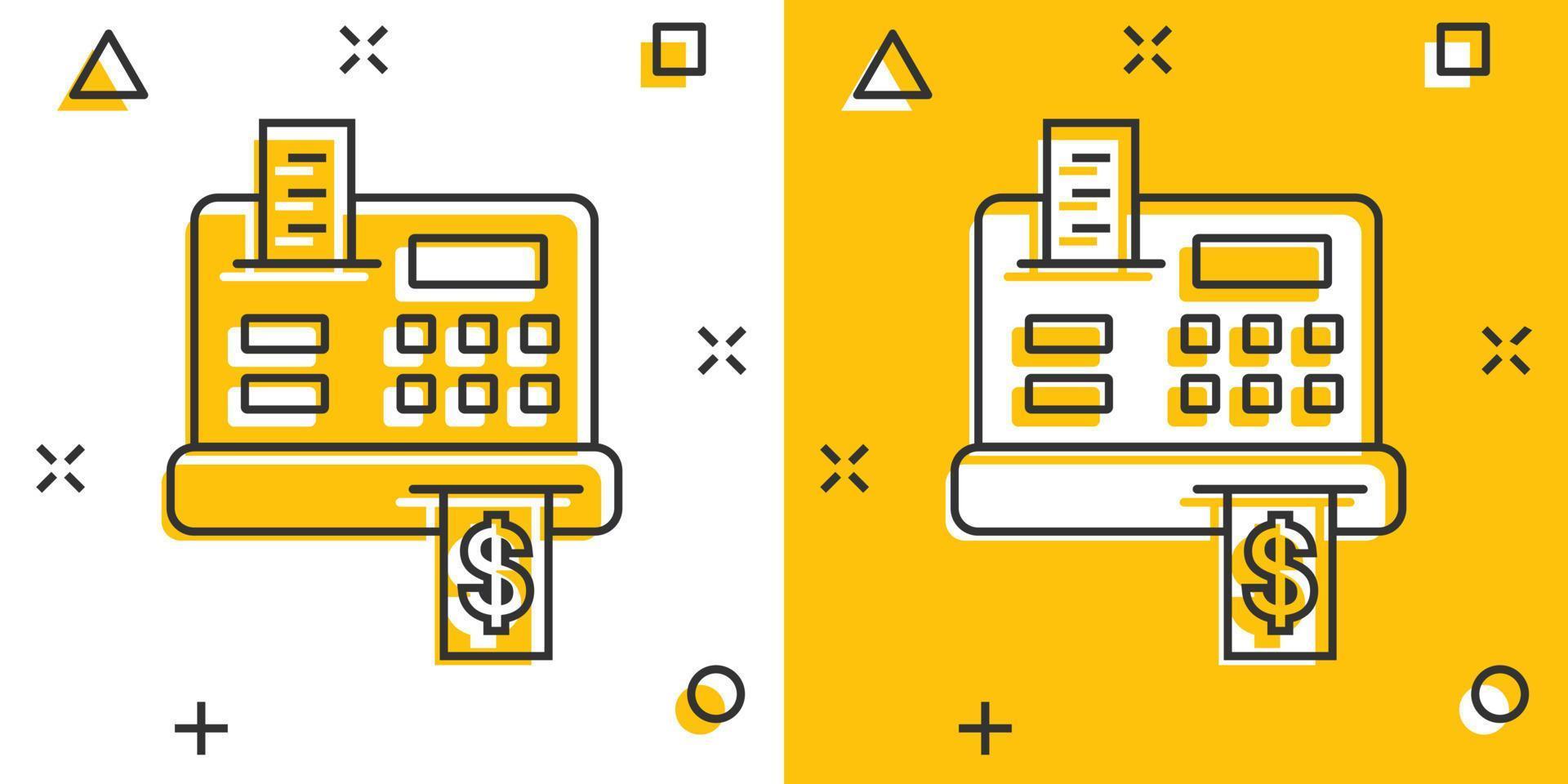 icono de caja registradora en estilo cómico. Compruebe la ilustración vectorial de dibujos animados de la máquina sobre fondo blanco aislado. concepto de negocio de efecto de salpicadura de pago. vector