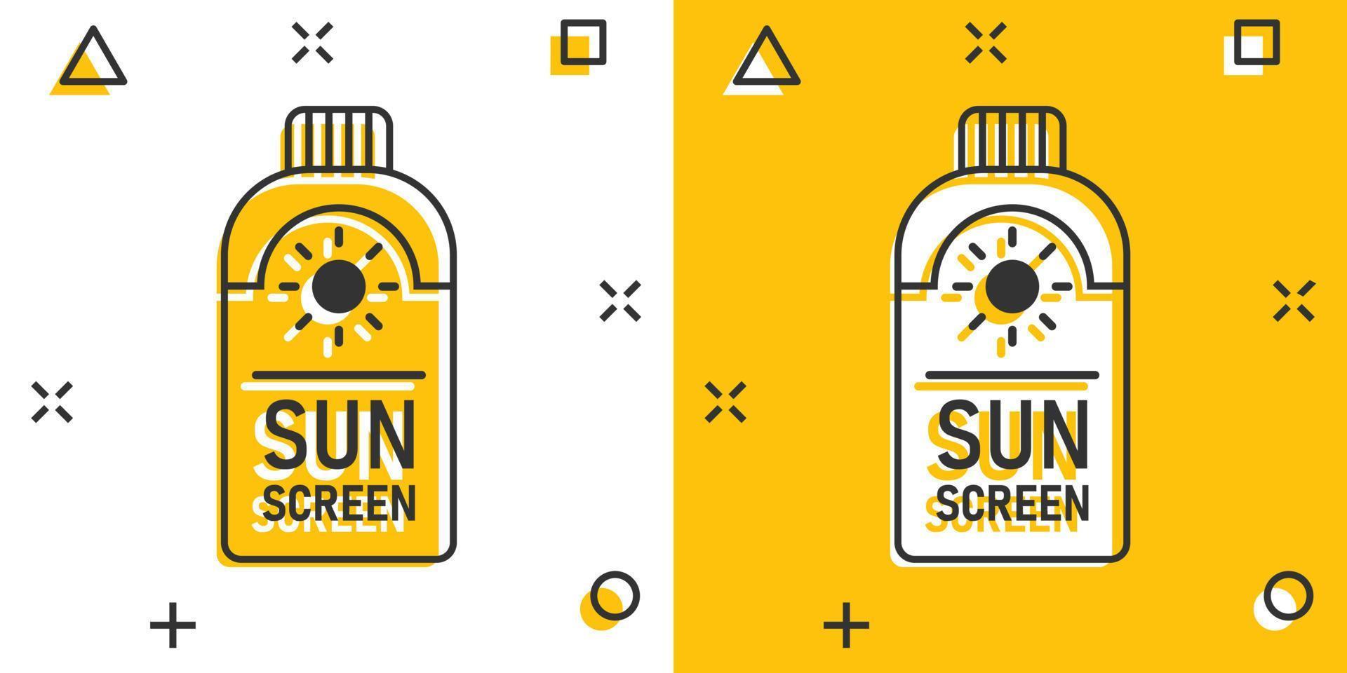 Sun protection icon in comic style. Sunblock cream cartoon vector illustration on white isolated background. Spf care splash effect business concept.