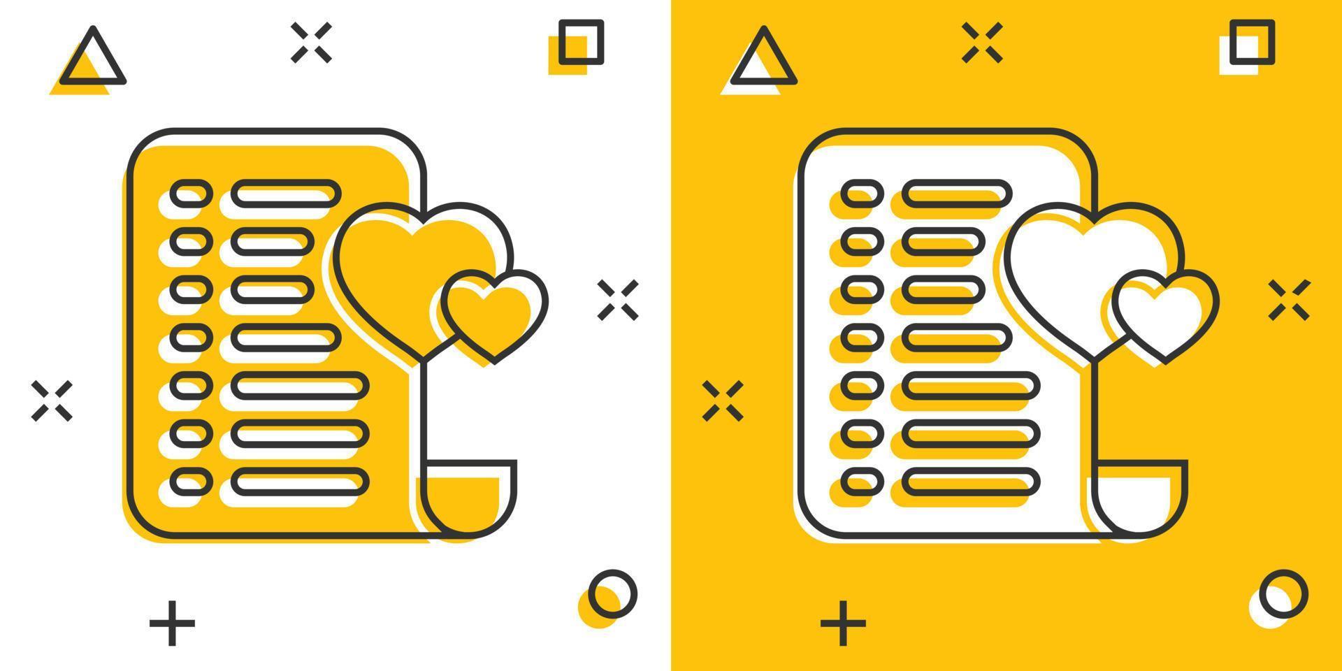 Wishlist icon in comic style. Like document cartoon vector illustration on white isolated background. Favorite list splash effect business concept.