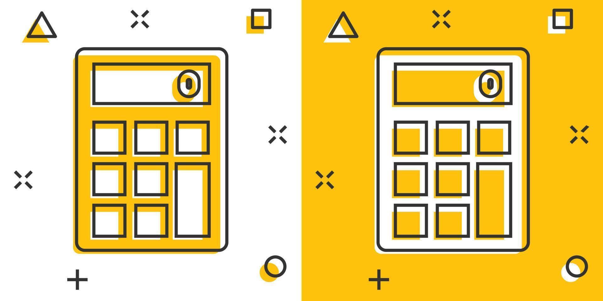 Calculator icon in comic style. Calculate cartoon vector illustration on white isolated background. Calculation splash effect business concept.