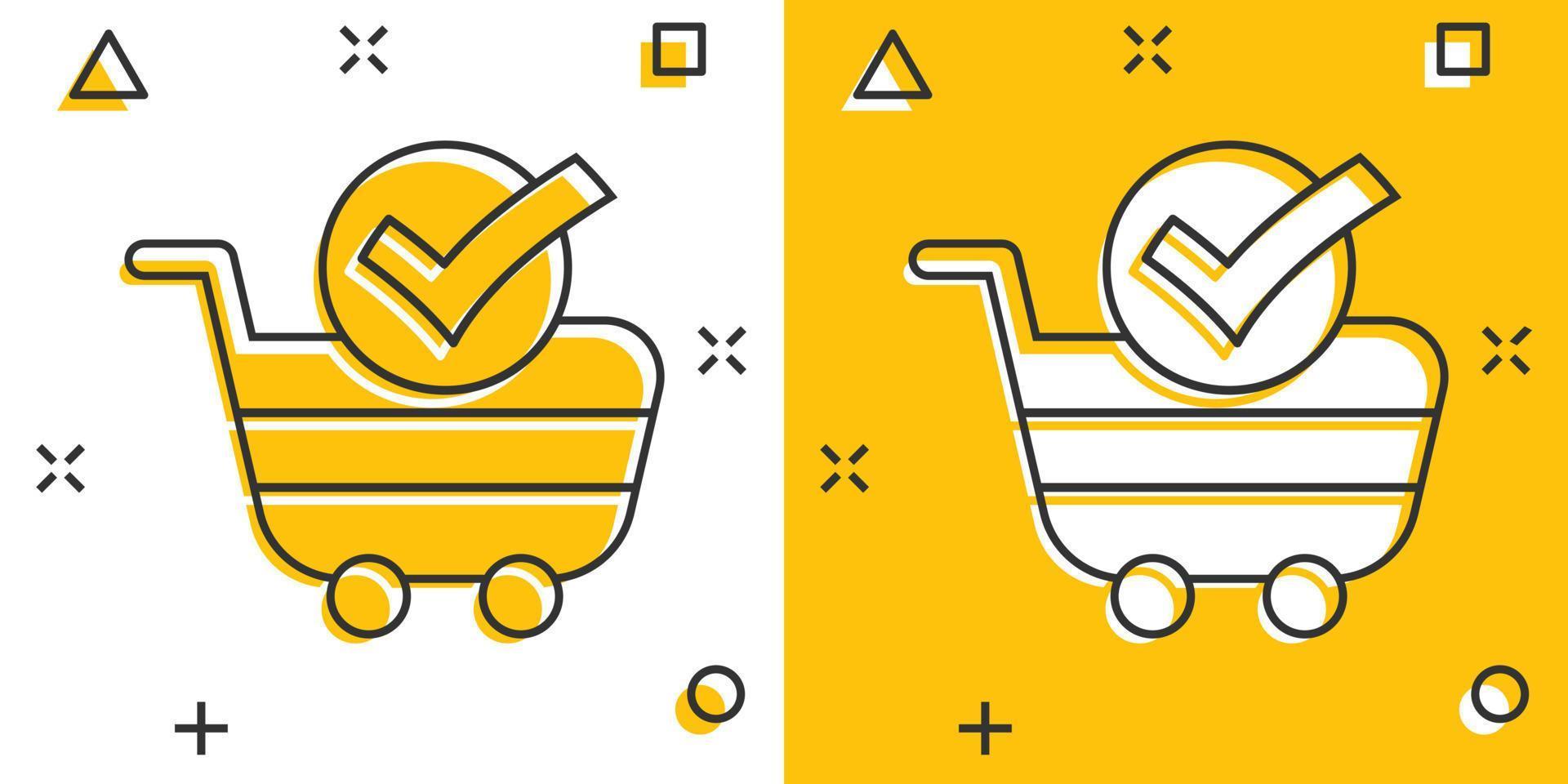 icono de marca de verificación del carrito de compras en estilo cómico. comprar ilustración de vector de dibujos animados de aprobación sobre fondo blanco aislado. confirme el concepto de negocio de efecto de salpicadura.