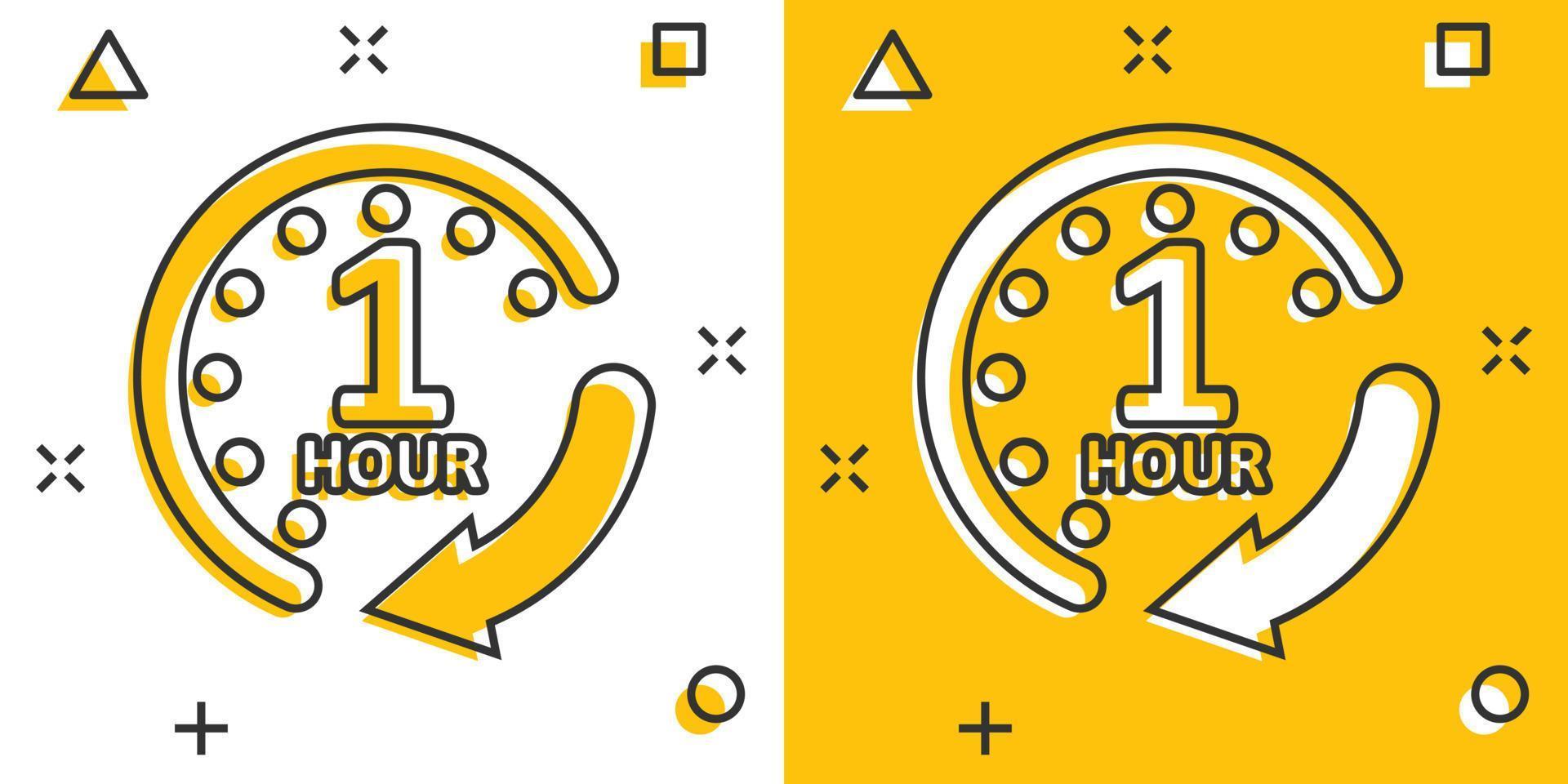 1 hour clock icon in comic style. Timer countdown cartoon vector illustration on isolated background. Time measure splash effect sign business concept.