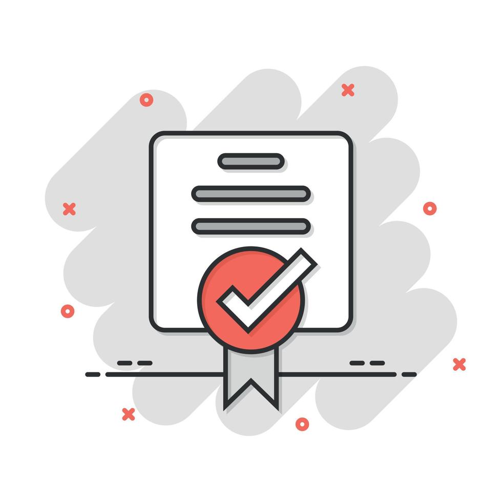 Approve certificate icon in comic style. Document check mark cartoon vector illustration on white isolated background. Approval choice splash effect business concept.