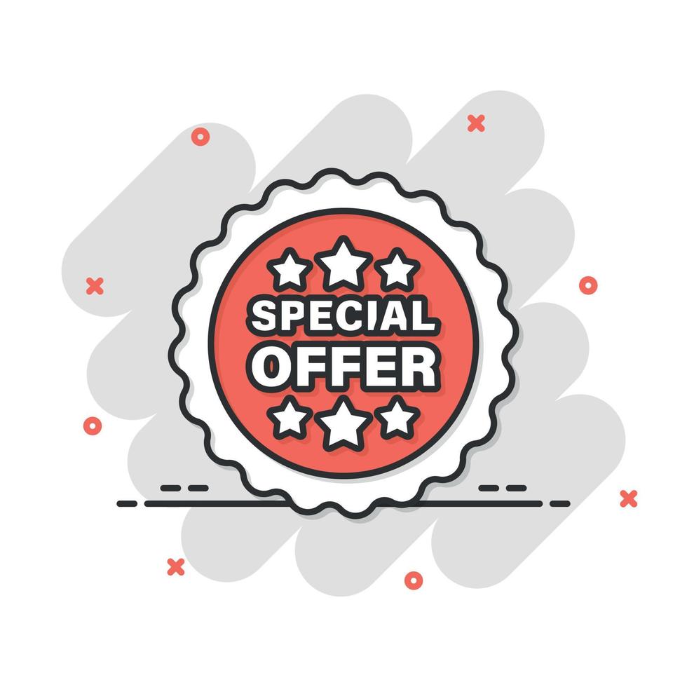 Special offer label icon in comic style. Discount banner cartoon vector illustration on isolated background. Sale sign business concept splash effect.