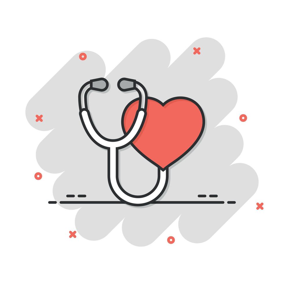 icono de estetoscopio en estilo cómico. ilustración de vector de dibujos animados de diagnóstico de corazón sobre fondo aislado. concepto de negocio de signo de efecto de salpicadura de medicina.