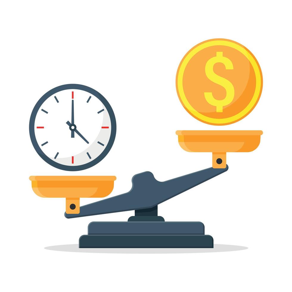 Time vs money on scales in flat style. Weight balance vector illustration on isolated background. Equilibrium comparison sign business concept.