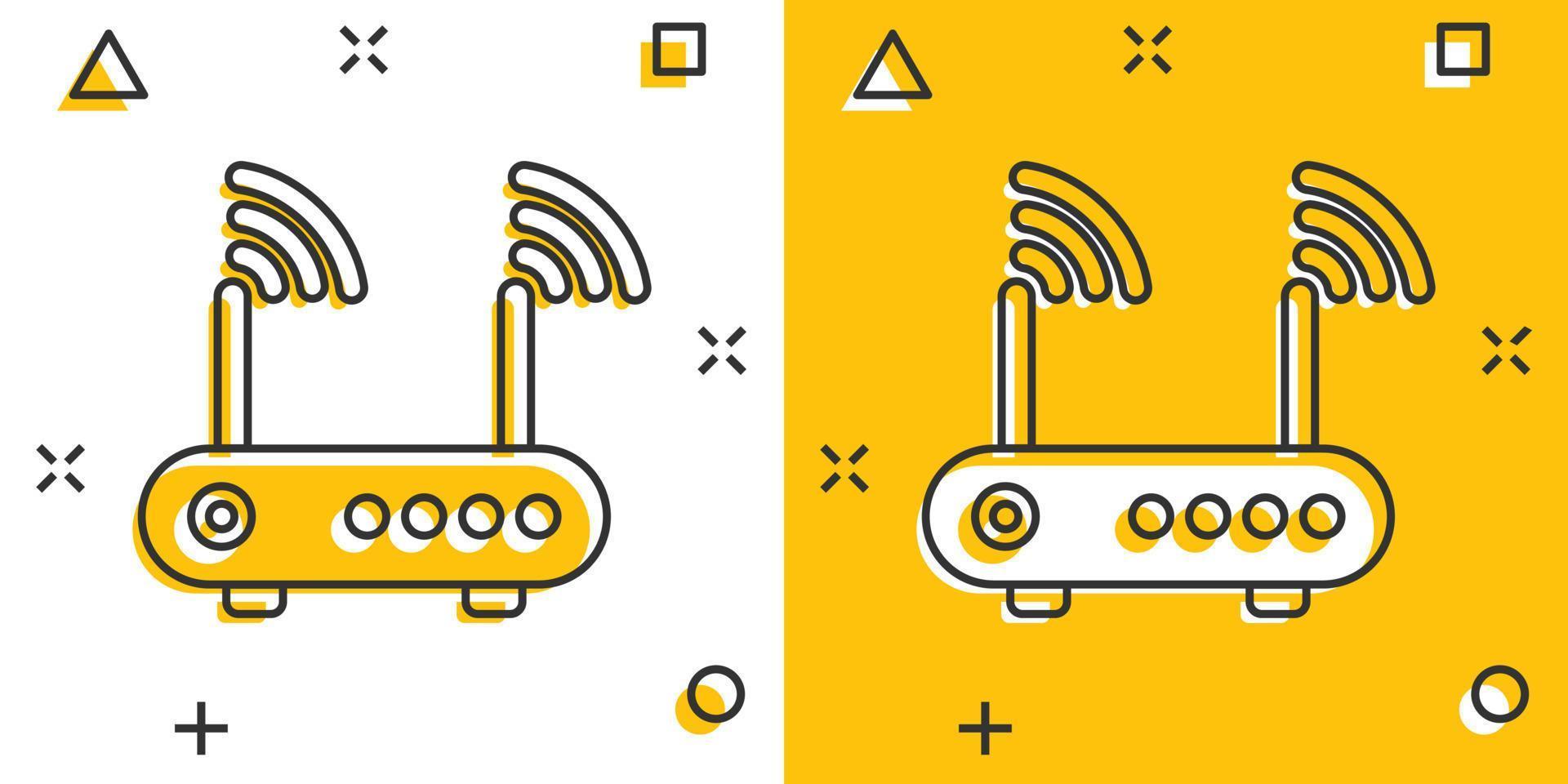 Wifi router icon in comic style. Broadband cartoon vector illustration on white isolated background. Internet connection splash effect business concept.