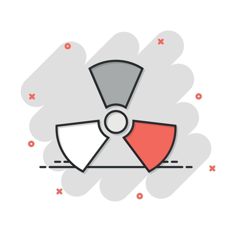 icono de radiación nuclear en estilo cómico. ilustración de vector de dibujos animados de radiactividad sobre fondo blanco aislado. concepto de negocio de signo de efecto de salpicadura tóxica.