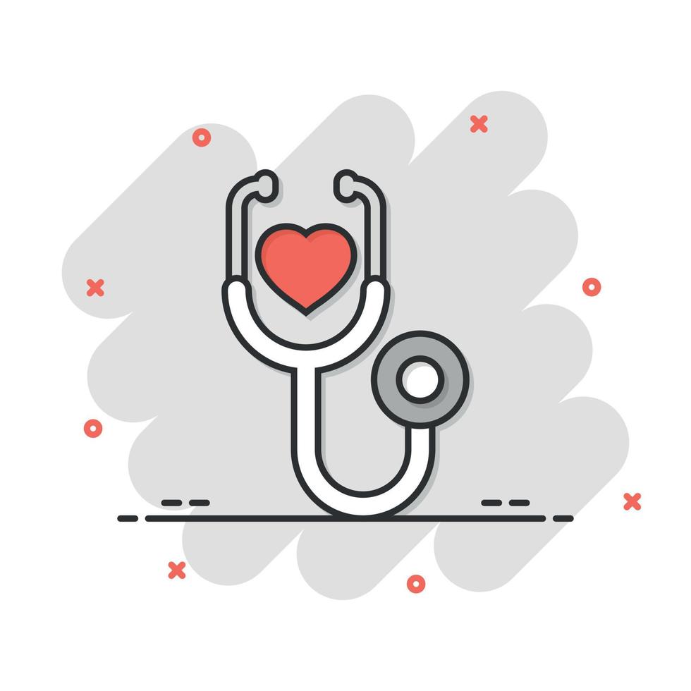 icono de estetoscopio en estilo cómico. ilustración de vector de dibujos animados de diagnóstico de corazón sobre fondo aislado. concepto de negocio de signo de efecto de salpicadura de medicina.