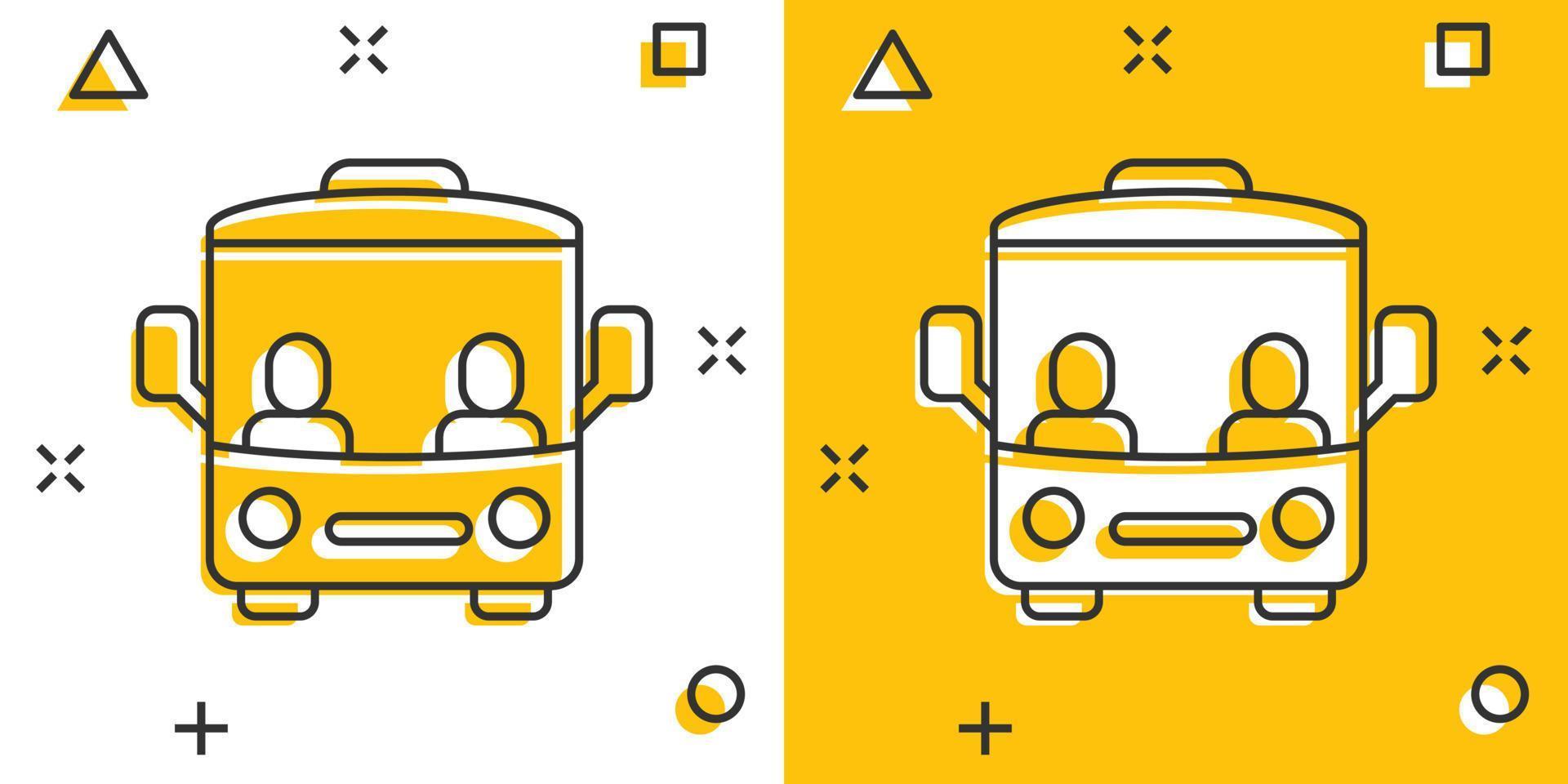 Bus icon in comic style. Coach cartoon vector illustration on white isolated background. Autobus vehicle splash effect business concept.
