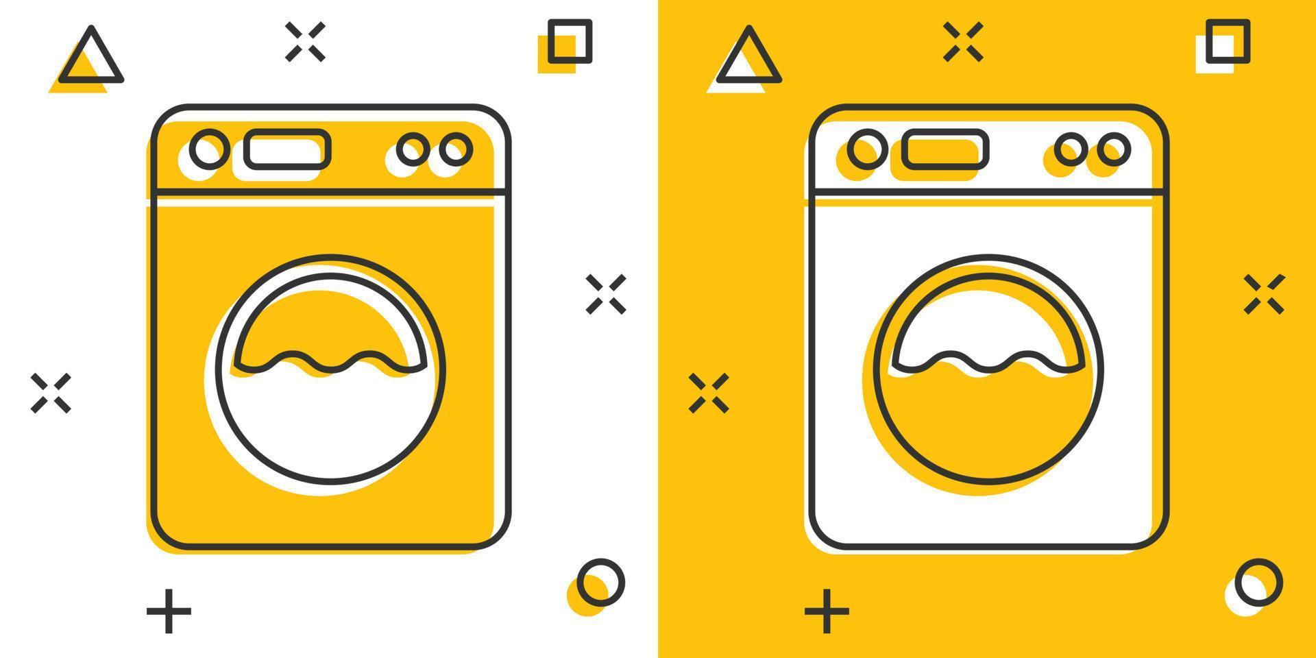 Washing machine icon in comic style. Washer cartoon vector illustration on white isolated background. Laundry splash effect business concept.