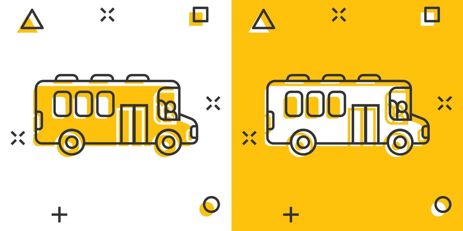 icono de autobús en estilo cómico. ilustración de vector de dibujos animados de entrenador sobre fondo blanco aislado. concepto de negocio de efecto de salpicadura de vehículo autobus.