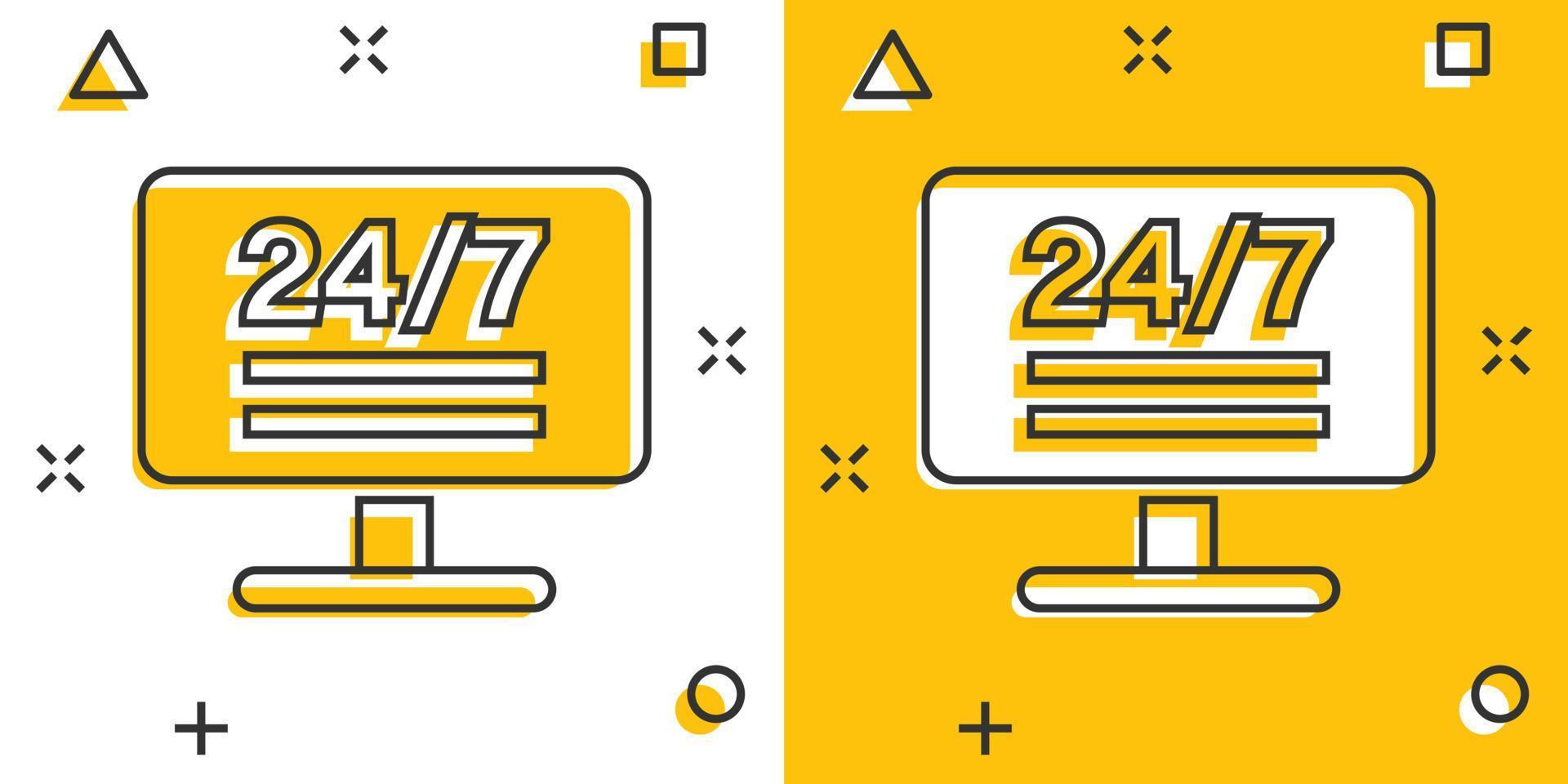 Icono de computadora 24 7 en estilo cómic. ilustración de vector de dibujos animados de servicio todo el día sobre fondo blanco aislado. apoyar el concepto de negocio de efecto de salpicadura.