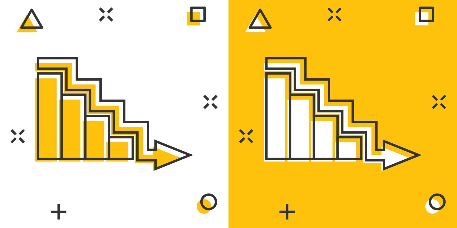 icono de tendencia del mercado en estilo cómico. Flecha de declive con ilustración de vector de dibujos animados de lupa sobre fondo blanco aislado. disminuir el concepto de negocio de efecto de salpicadura.