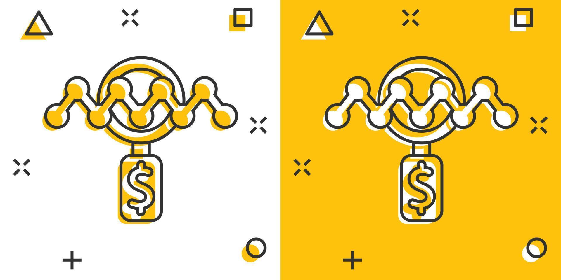 lupa con icono de dinero en estilo cómico. ilustración de vector de dibujos animados de búsqueda de dólar sobre fondo blanco aislado. concepto de negocio de efecto de salpicadura de moneda financiera.