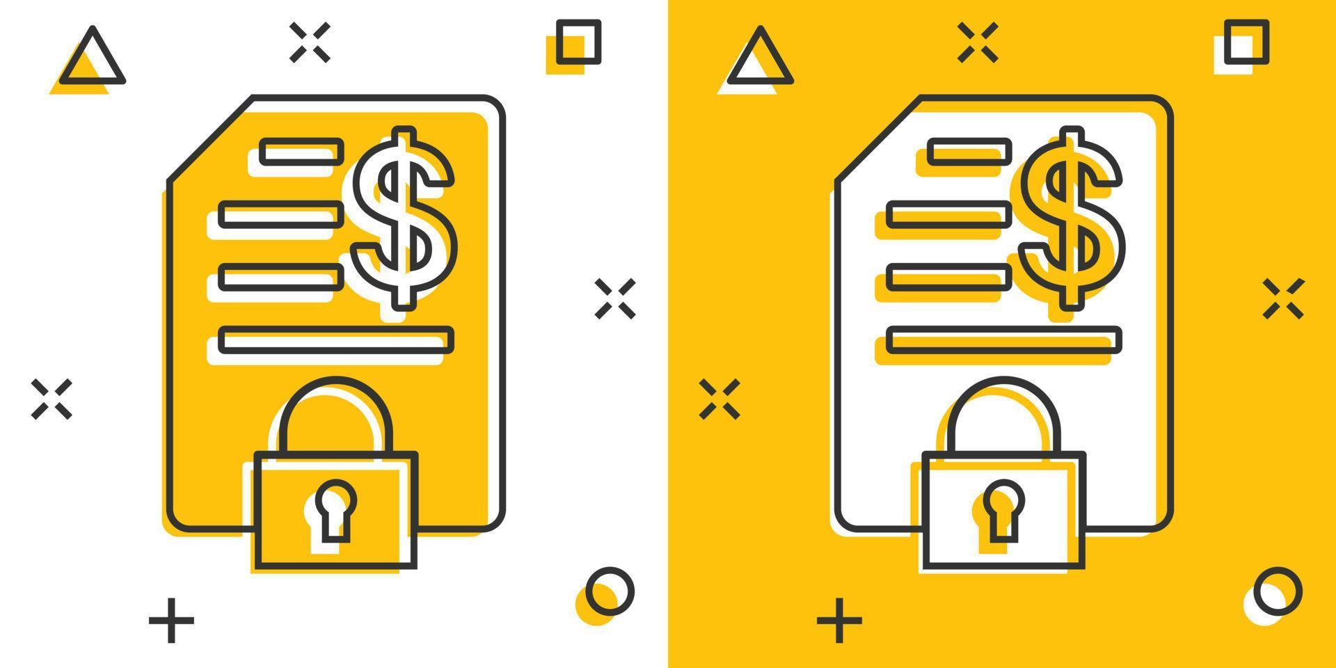 Financial statement icon in comic style. Document with lock cartoon vector illustration on white isolated background. Report splash effect business concept.