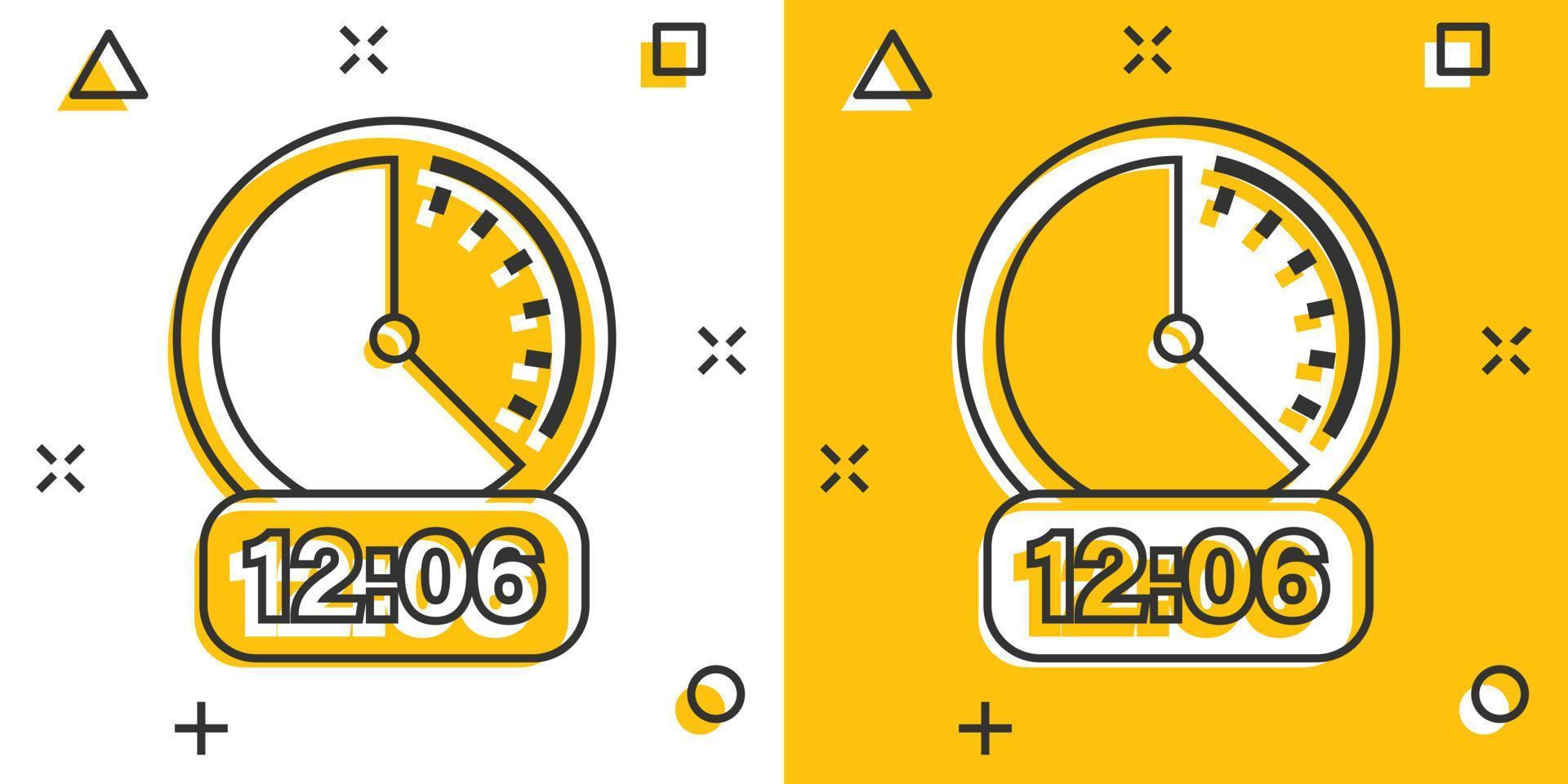Clock icon in comic style. Watch cartoon vector illustration on white isolated background. Timer splash effect business concept.