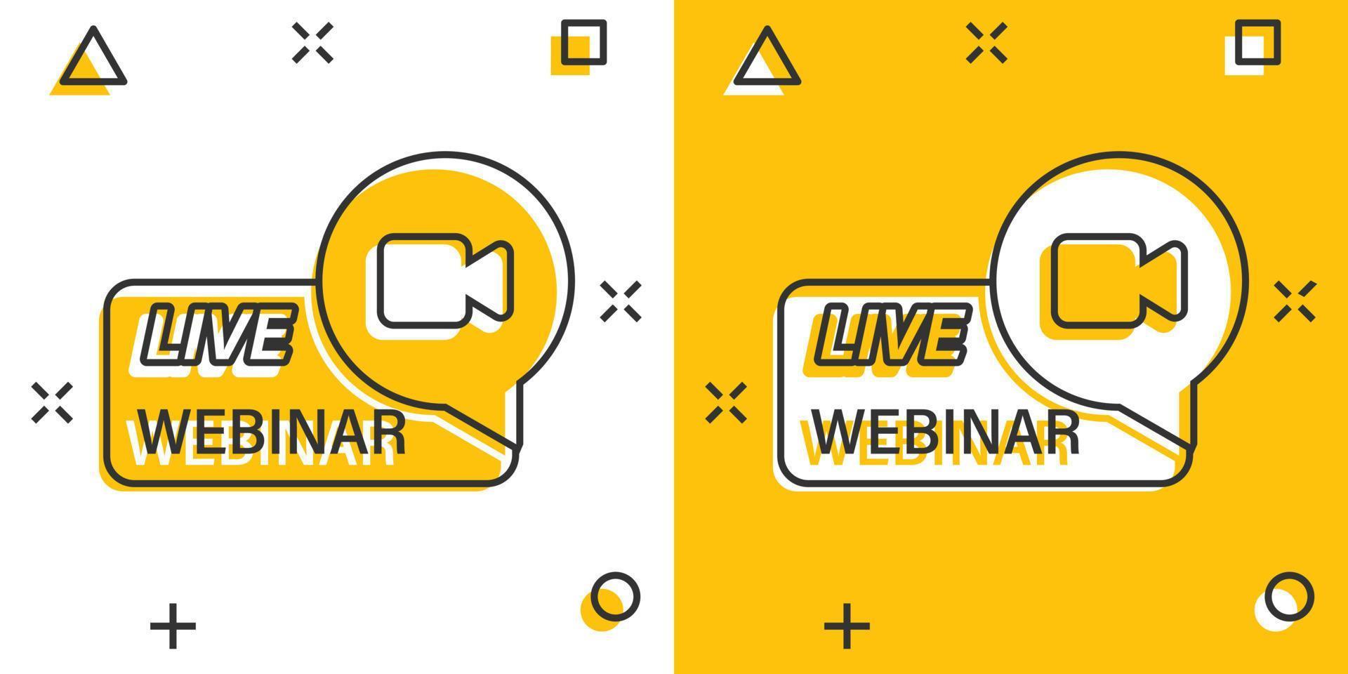 Live webinar icon in comic style. Online training cartoon vector illustration on isolated background. Conference stream splash effect sign business concept.