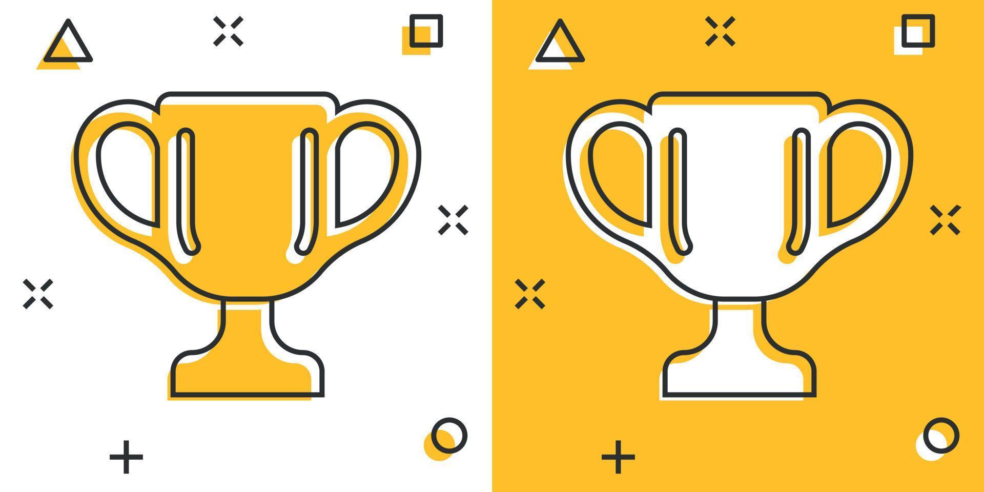 Trophy cup icon in comic style. Goblet prize cartoon vector illustration on isolated background. Award splash effect sign business concept.