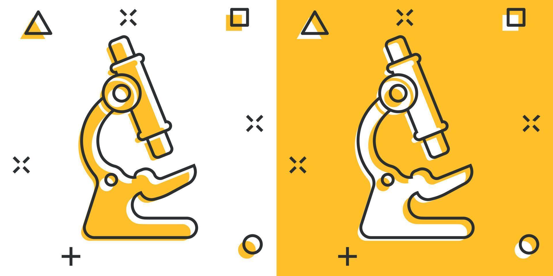 Microscope icon in comic style. Laboratory magnifier cartoon vector illustration on isolated background. Biology instrument splash effect sign business concept.