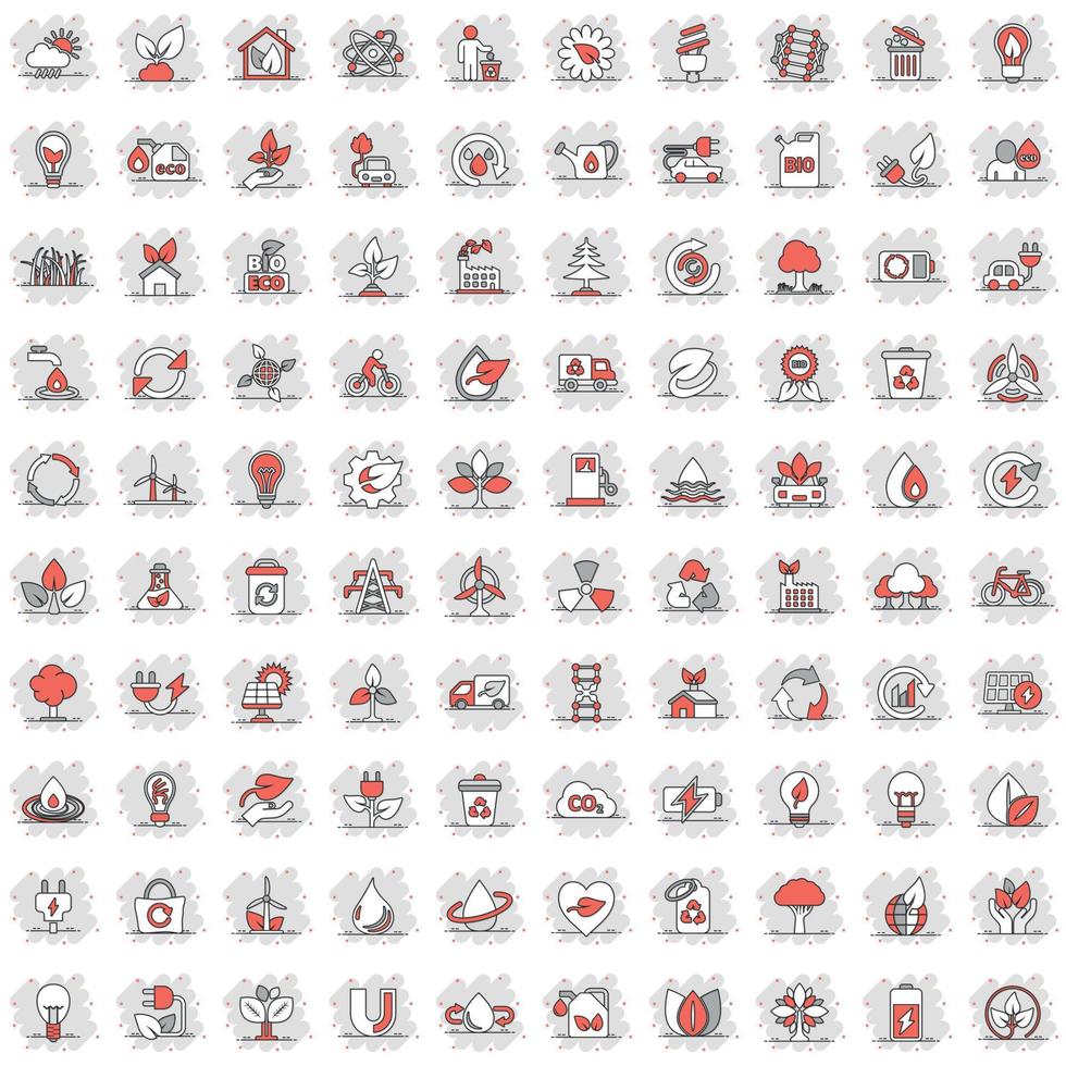 Eco environment icons set in comic style. Ecology cartoon vector illustration on white isolated background. Bio emblem splash effect sign business concept.