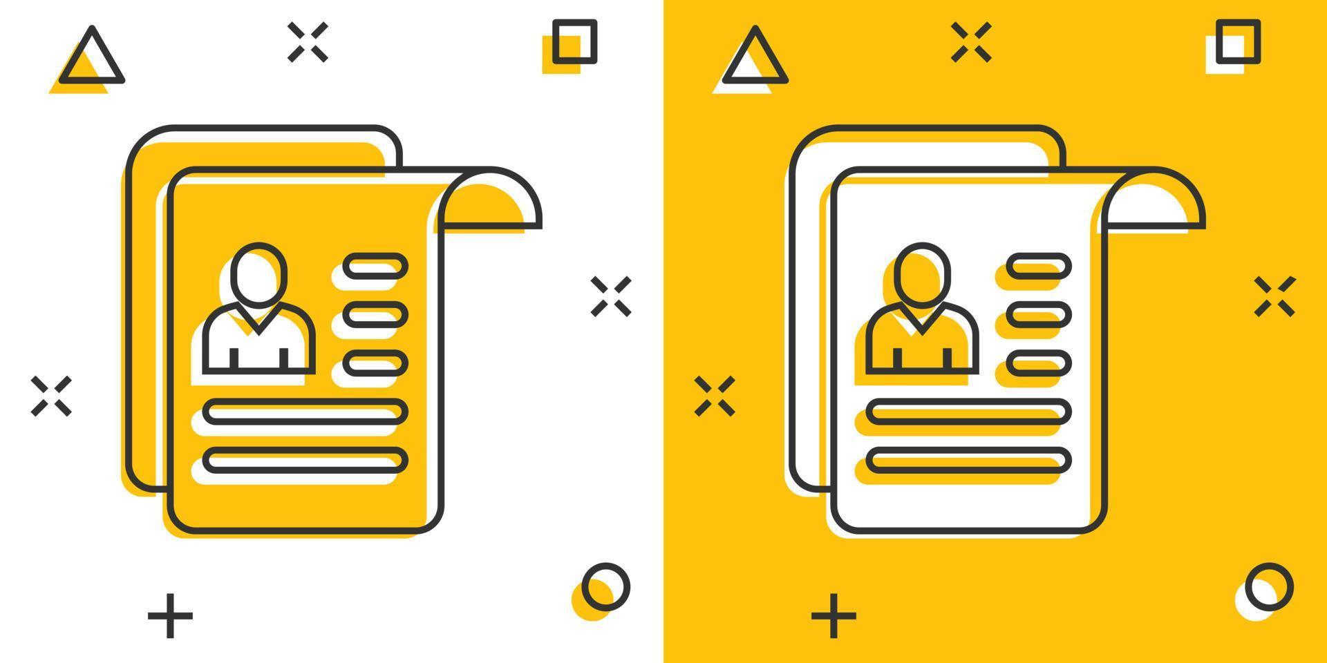 Resume icon in comic style. Contract document cartoon vector illustration on white isolated background. Paper notepad splash effect business concept.