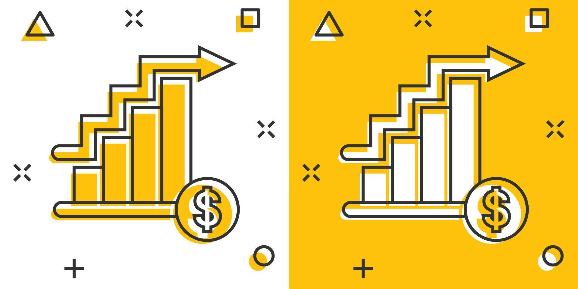 Market trend icon in comic style. Growth arrow with magnifier cartoon vector illustration on white isolated background. Increase splash effect business concept.