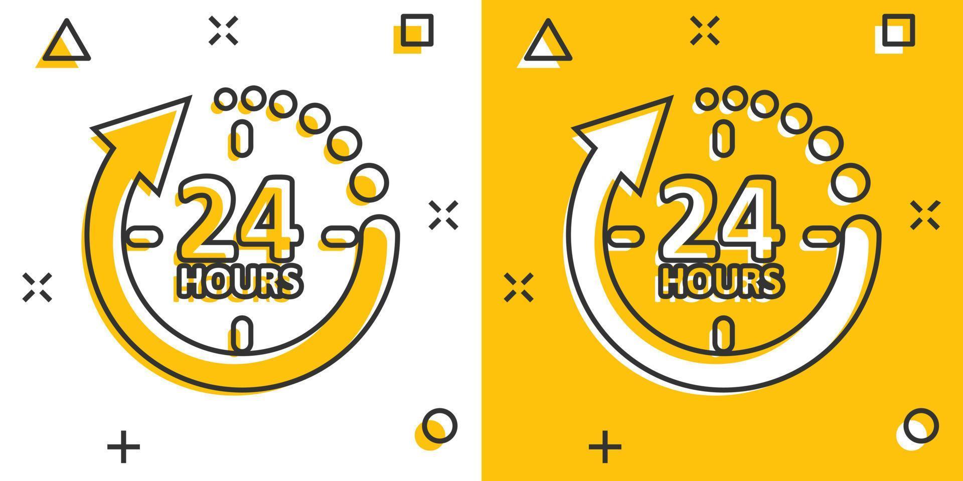 24 hours service icon in comic style. All day business and service cartoon vector illustration on isolated background. Quick service time splash effect sign business concept.