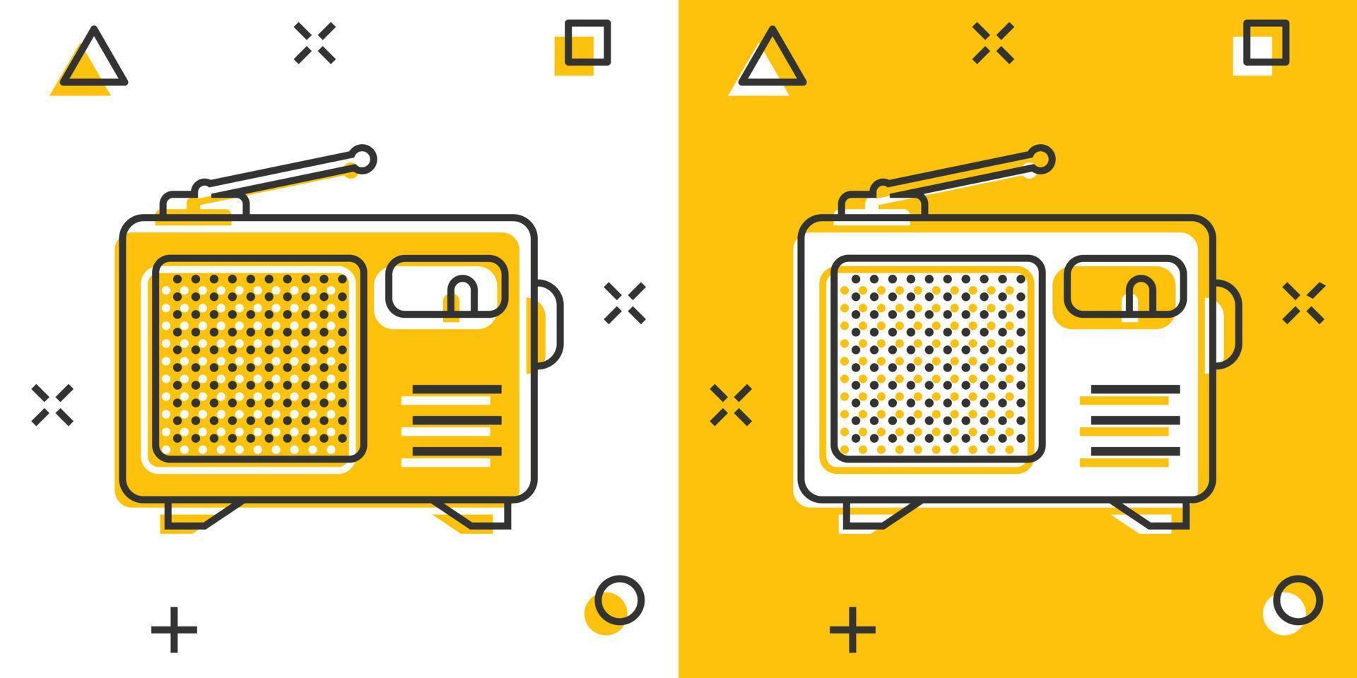 icono de radio en estilo cómico. ilustración de vector de dibujos animados de transmisión fm sobre fondo blanco aislado. concepto de negocio de efecto de salpicadura de radiodifusión.