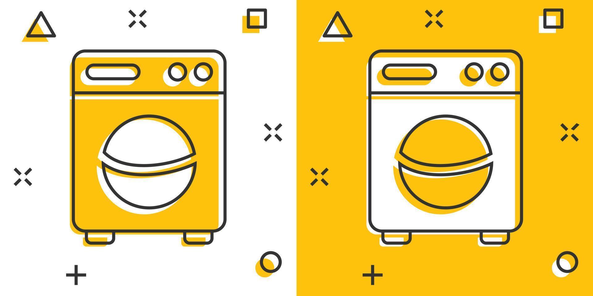 Washing machine icon in comic style. Washer cartoon vector illustration on white isolated background. Laundry splash effect business concept.