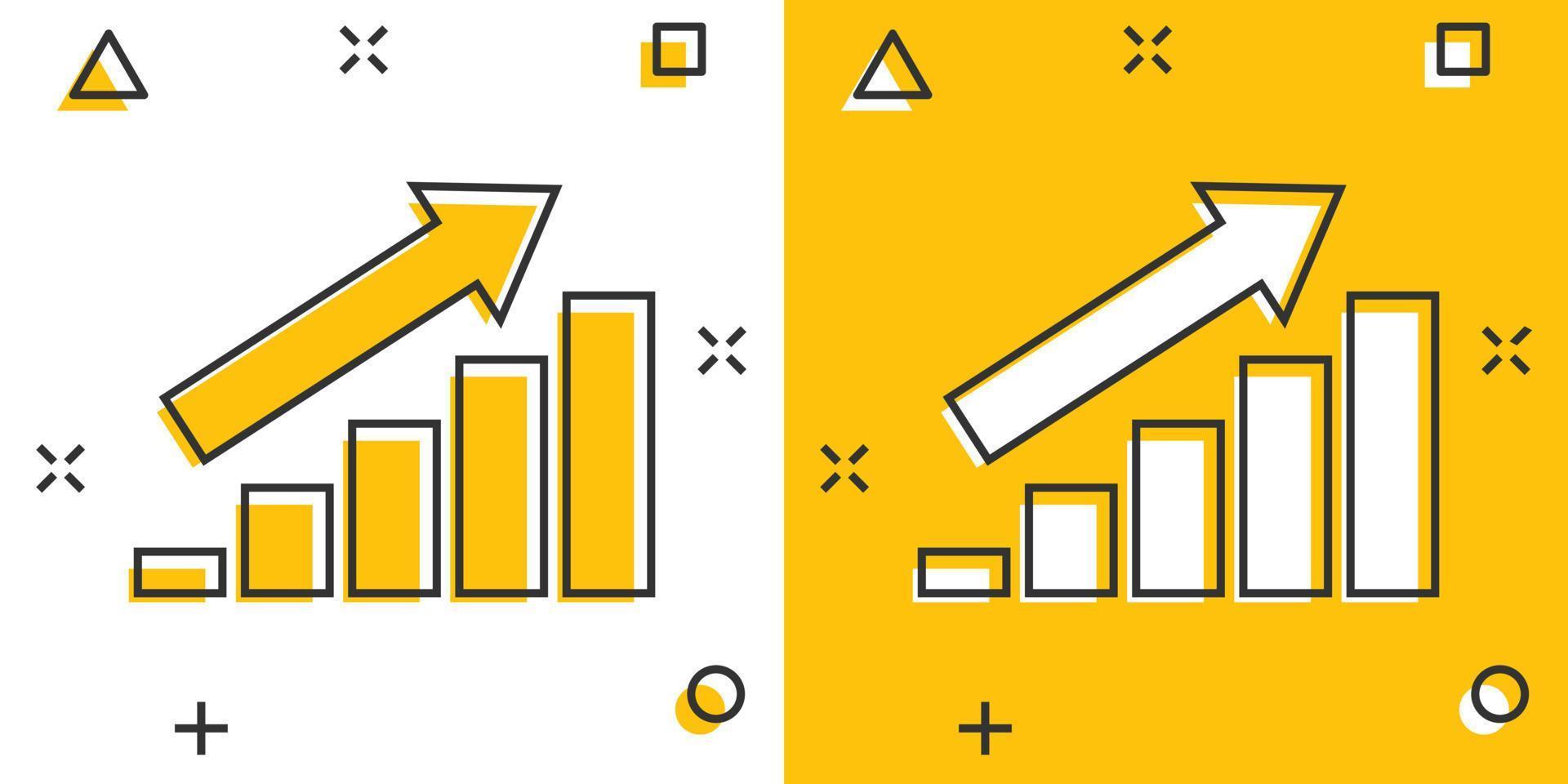 Chart graph icon in comic style. Arrow grow cartoon vector illustration on white isolated background. Analysis splash effect business concept.