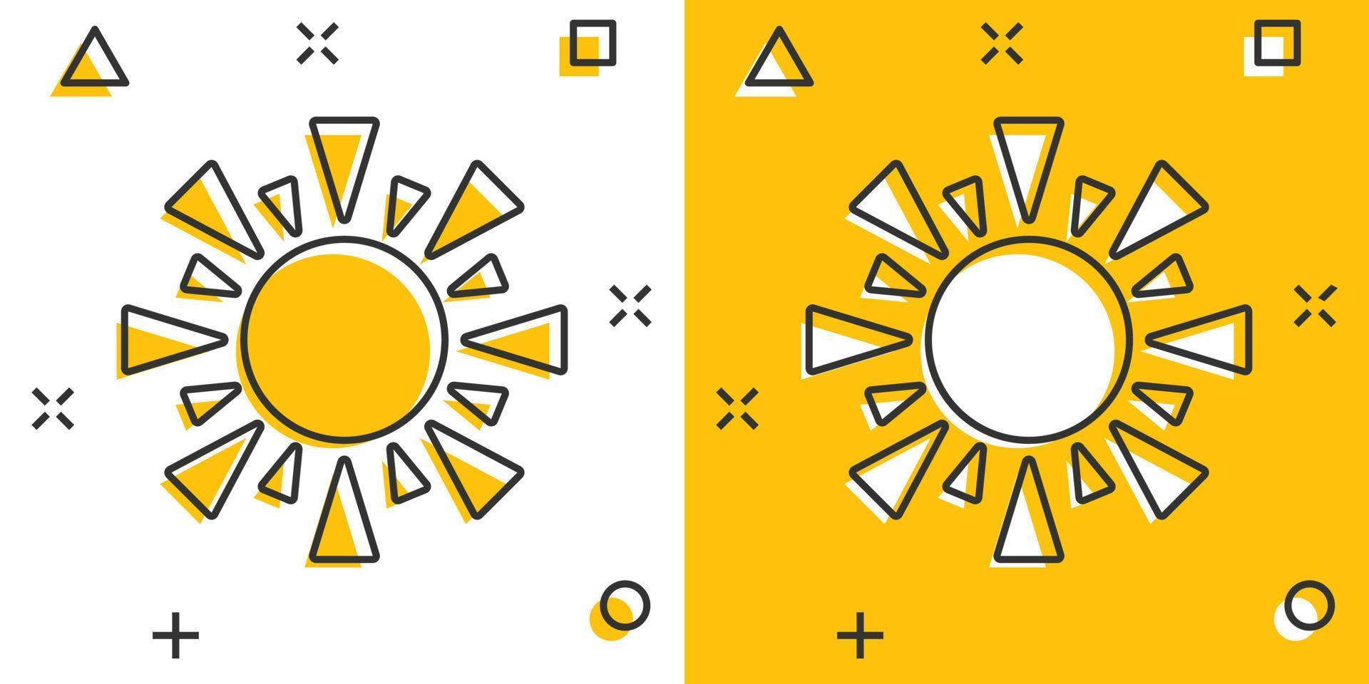 icono de sol en estilo cómico. ilustración de vector de signo de dibujos animados de luz solar sobre fondo blanco aislado. concepto de negocio de efecto de salpicadura de luz diurna.