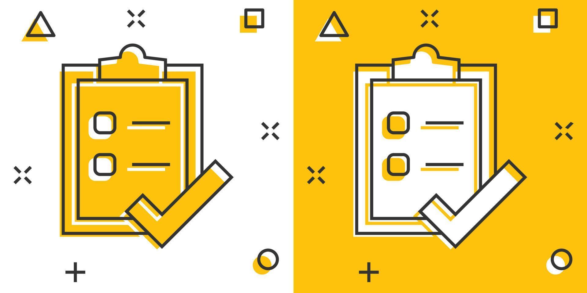 To do list icon in comic style. Document checklist cartoon vector illustration on white isolated background. Notepad check mark splash effect business concept.