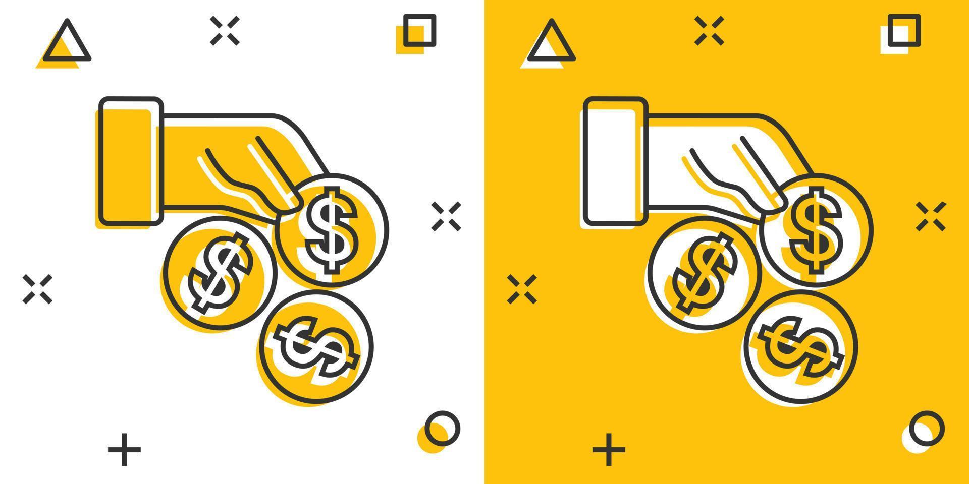 Remuneration icon in comic style. Money in hand cartoon vector illustration on white isolated background. Coin payroll splash effect business concept.