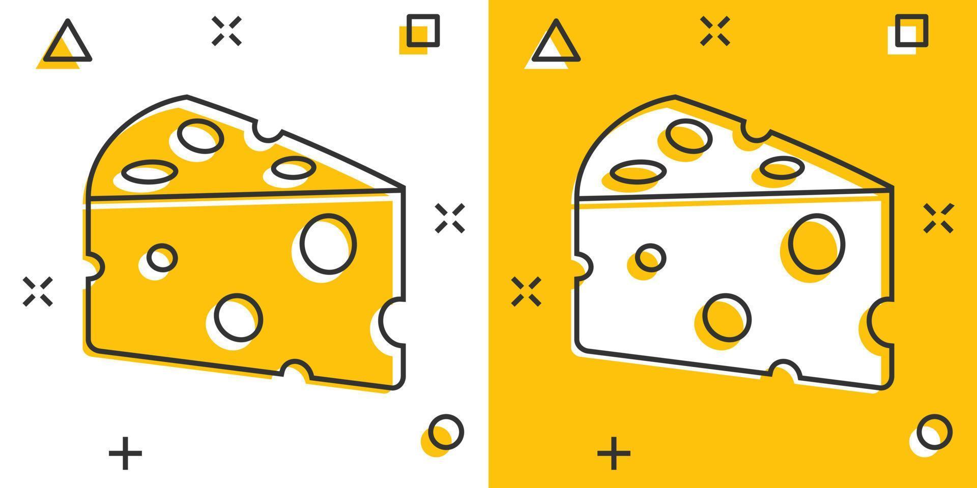 icono de rebanada de queso en estilo cómico. ilustración de vector de dibujos animados de alimentos de leche sobre fondo aislado. concepto de negocio de signo de efecto de salpicadura de desayuno.