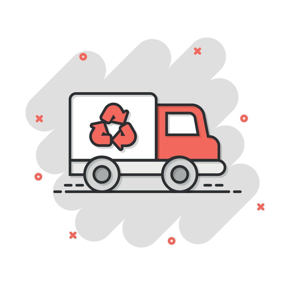 Garbage truck icon in comic style. Recycle cartoon vector illustration on white isolated background. Trash car splash effect sign business concept.