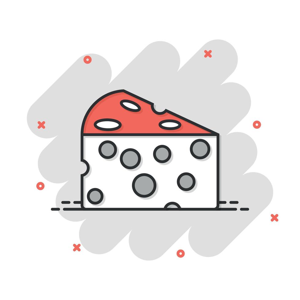 icono de rebanada de queso en estilo cómico. ilustración de vector de dibujos animados de alimentos de leche sobre fondo aislado. concepto de negocio de signo de efecto de salpicadura de desayuno.