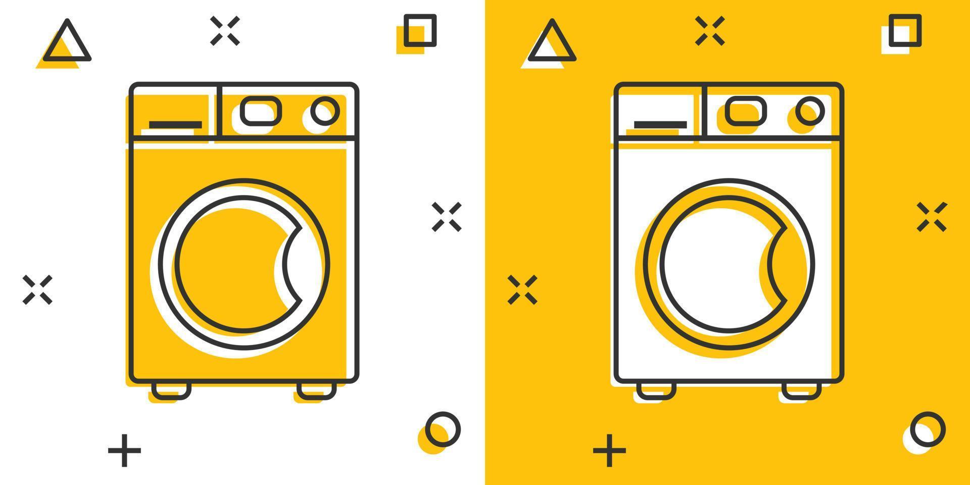 Washing machine icon in comic style. Washer cartoon vector illustration on white isolated background. Laundry splash effect business concept.
