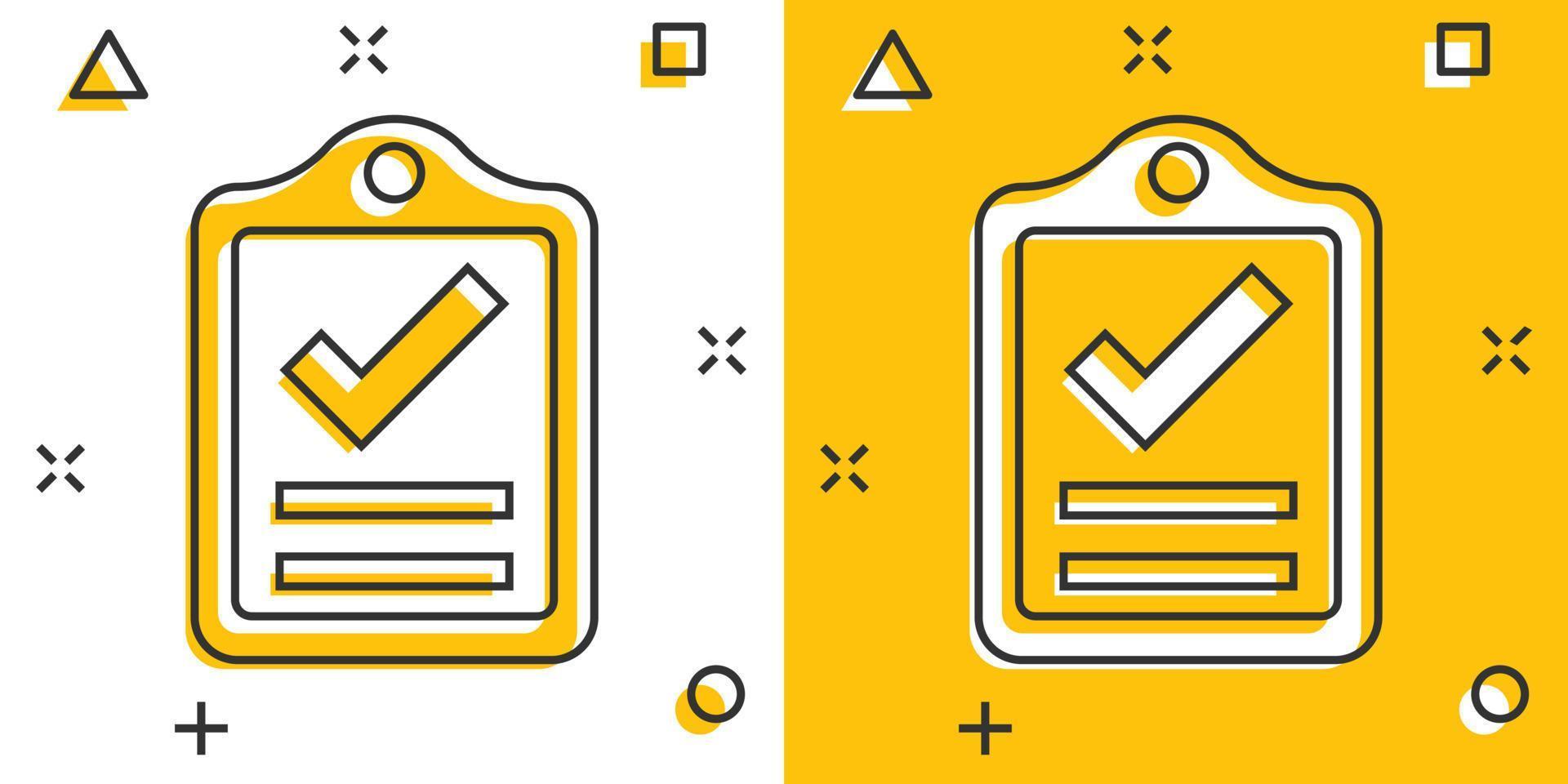 Document checklist icon in comic style. Report cartoon vector illustration on white isolated background. Paper sheet splash effect business concept.