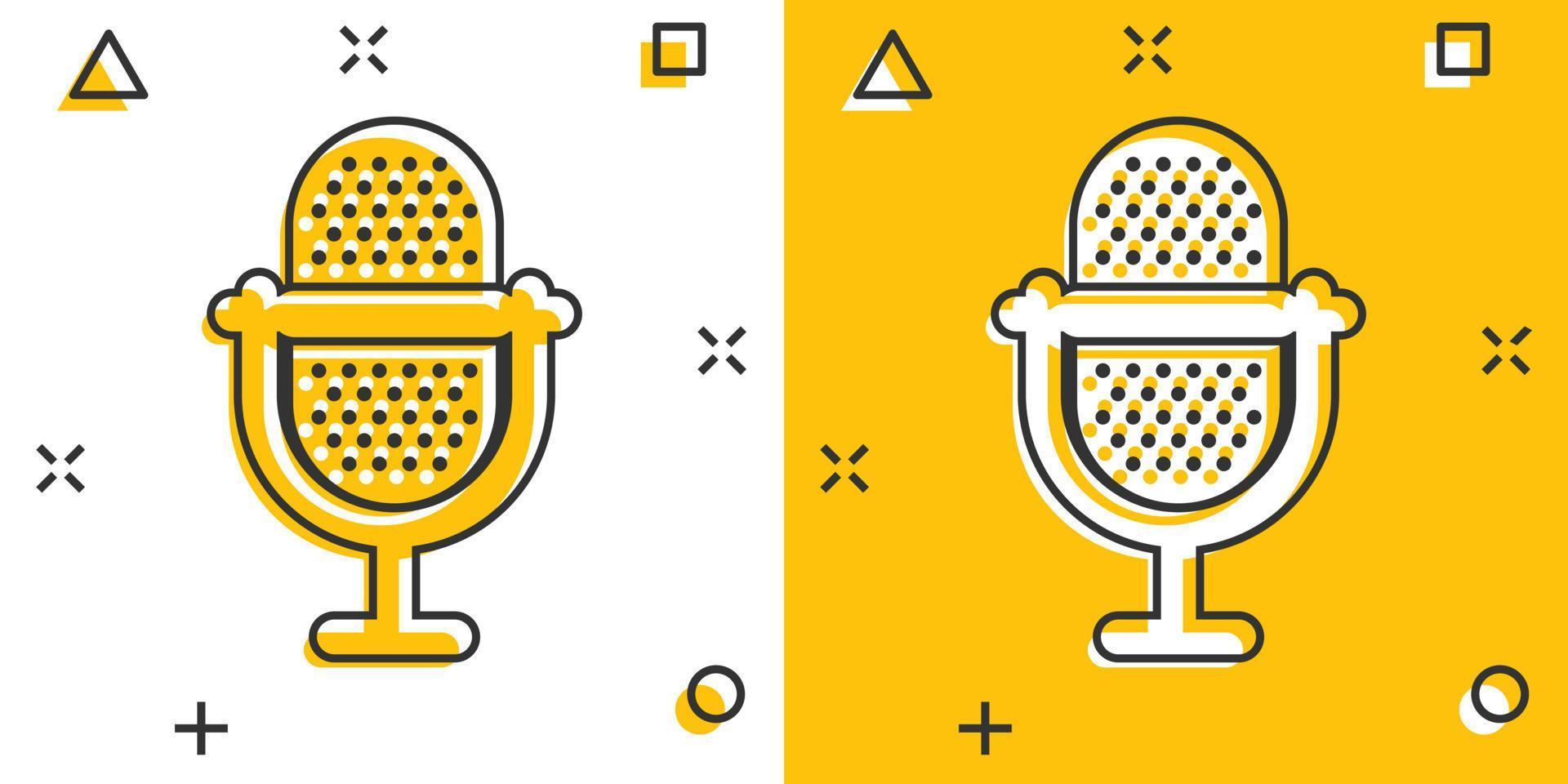 Microphone icon in comic style. Studio mike cartoon vector illustration on white isolated background. Audio record splash effect business concept.