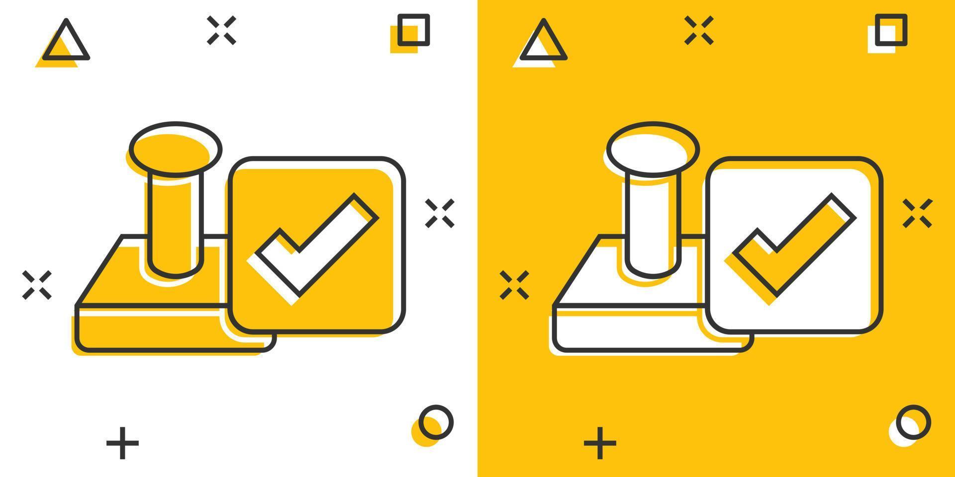 Approve stamp icon in comic style. Accept check mark cartoon vector illustration on white isolated background. Approval choice splash effect business concept.